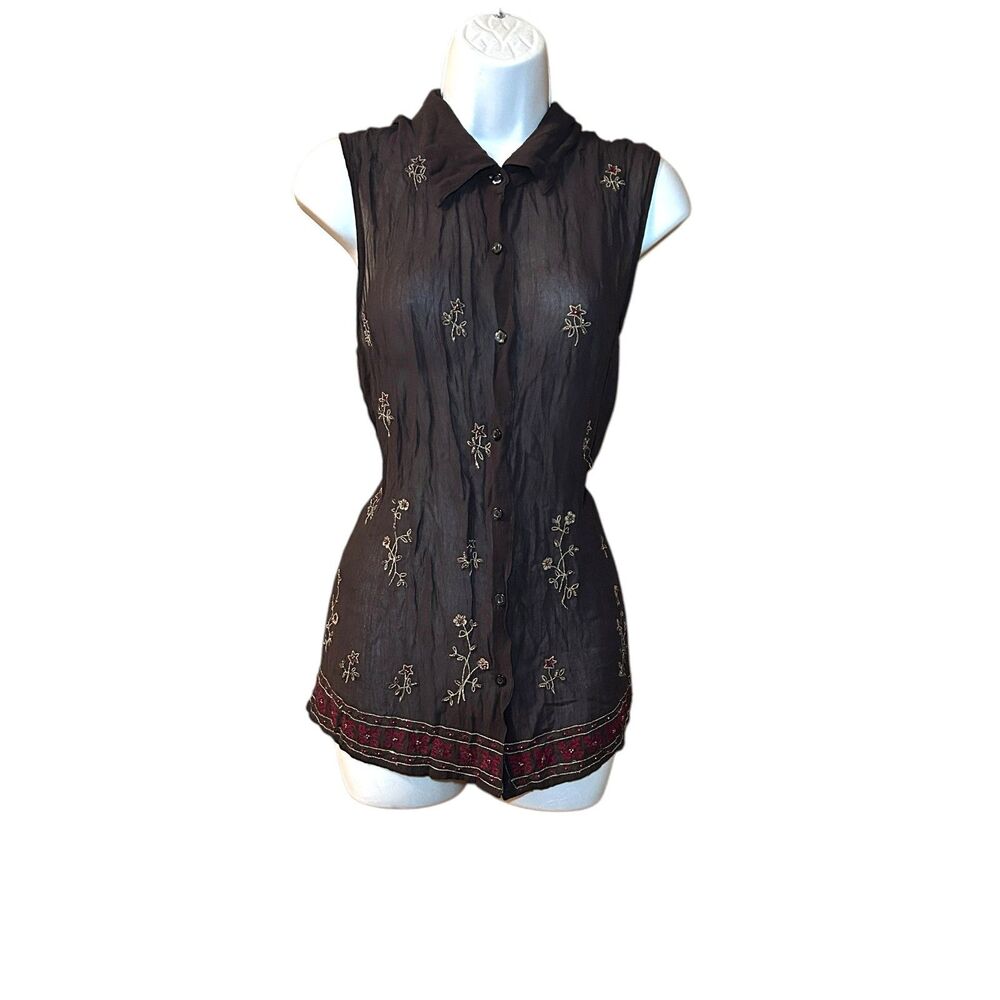 NY & CO Brown See-Through Shirt with Embroidered Flowers